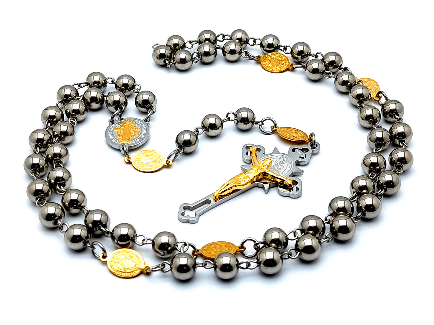 Saint Benedict unique rosary beads stainless steel rosary beads with etched gold plated stainless steel beads and Saint Benedict etched crucifix.