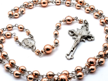 Virgin Mary unique rosary beads rose gold hematite gemstone rosary bead with engraved stainless steel crucifix.