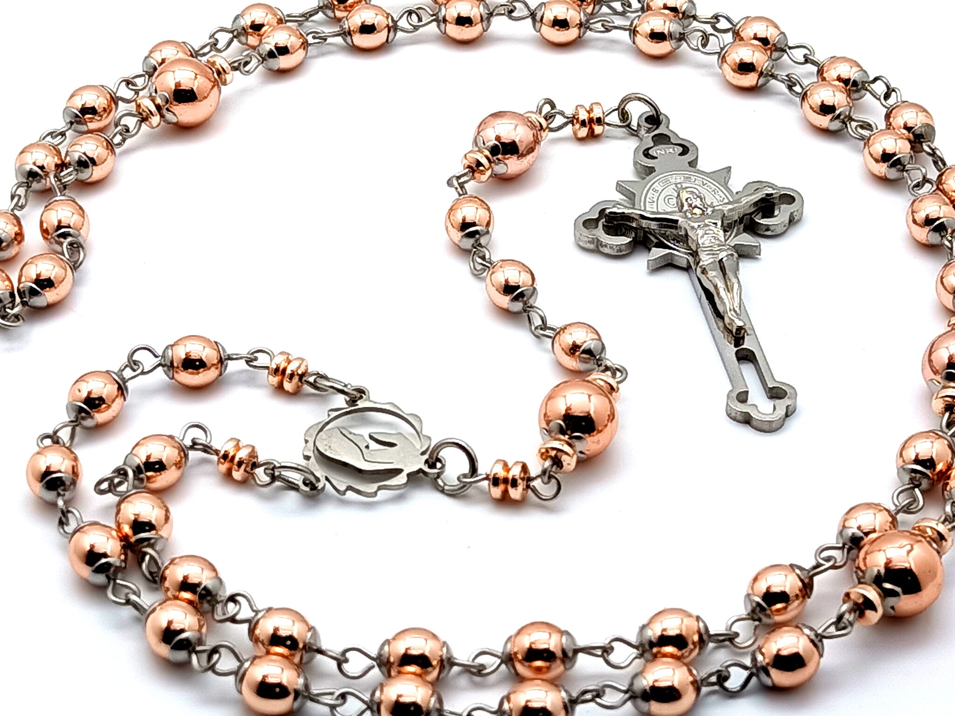 Virgin Mary unique rosary beads rose gold hematite gemstone rosary bead with engraved stainless steel crucifix.