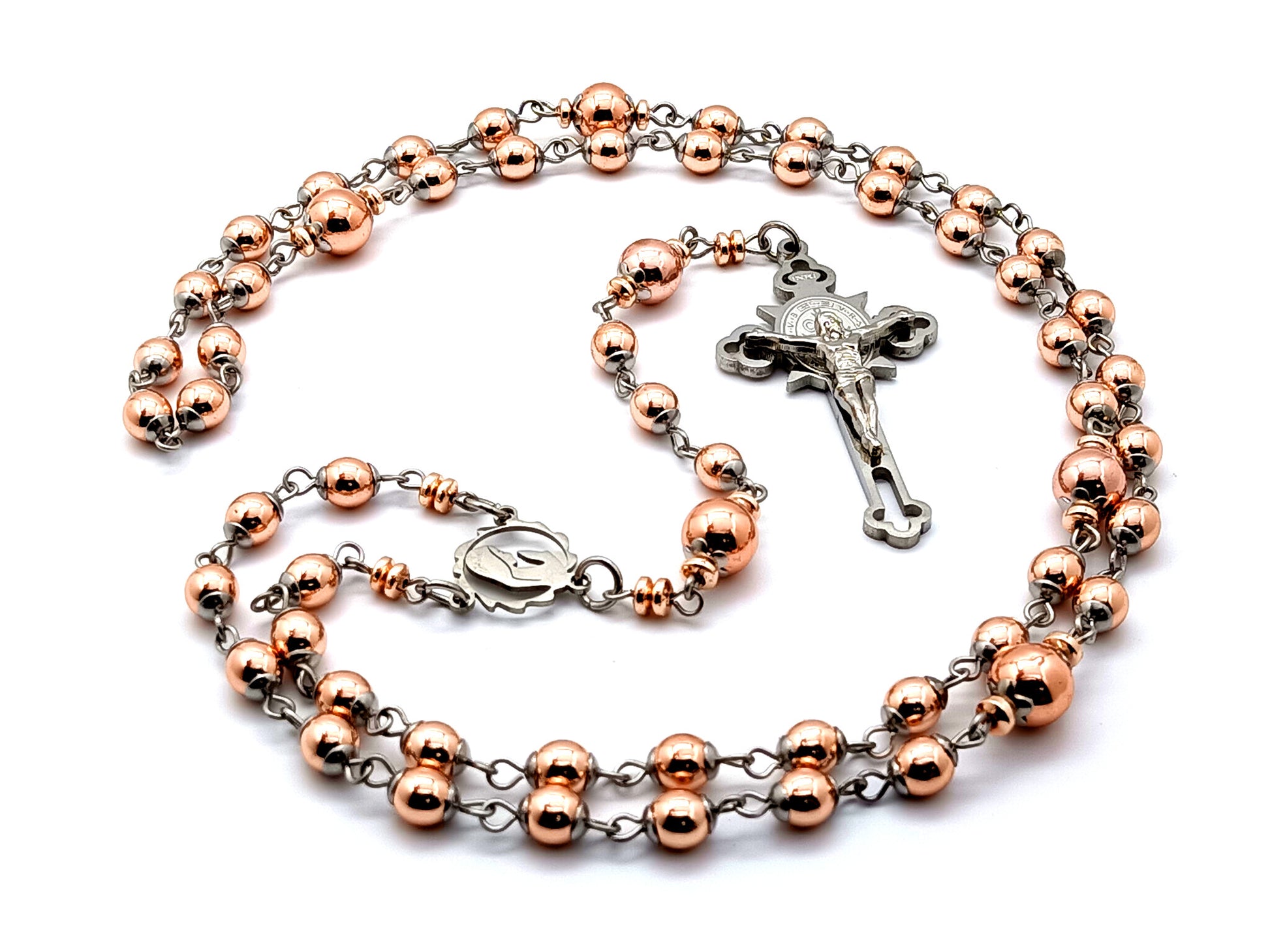 Virgin Mary unique rosary beads rose gold hematite gemstone rosary bead with engraved stainless steel crucifix.