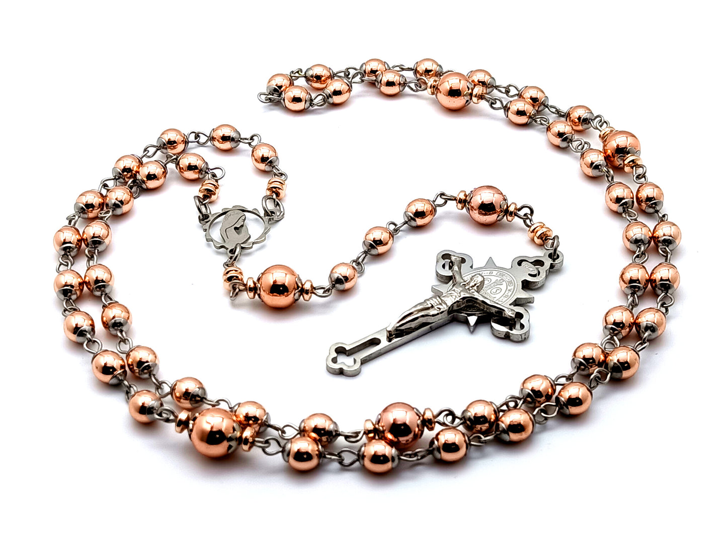 Virgin Mary unique rosary beads rose gold hematite gemstone rosary bead with engraved stainless steel crucifix.