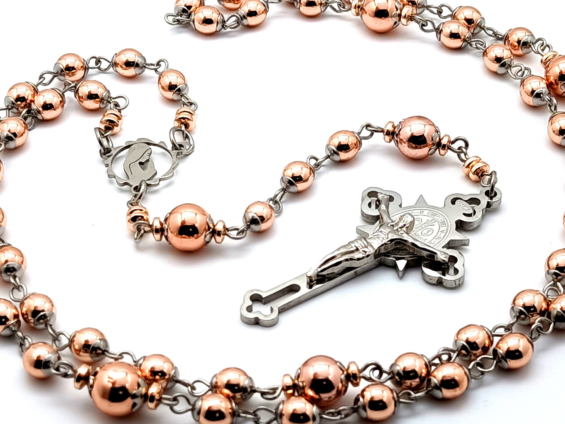 Virgin Mary unique rosary beads rose gold hematite gemstone rosary bead with engraved stainless steel crucifix.