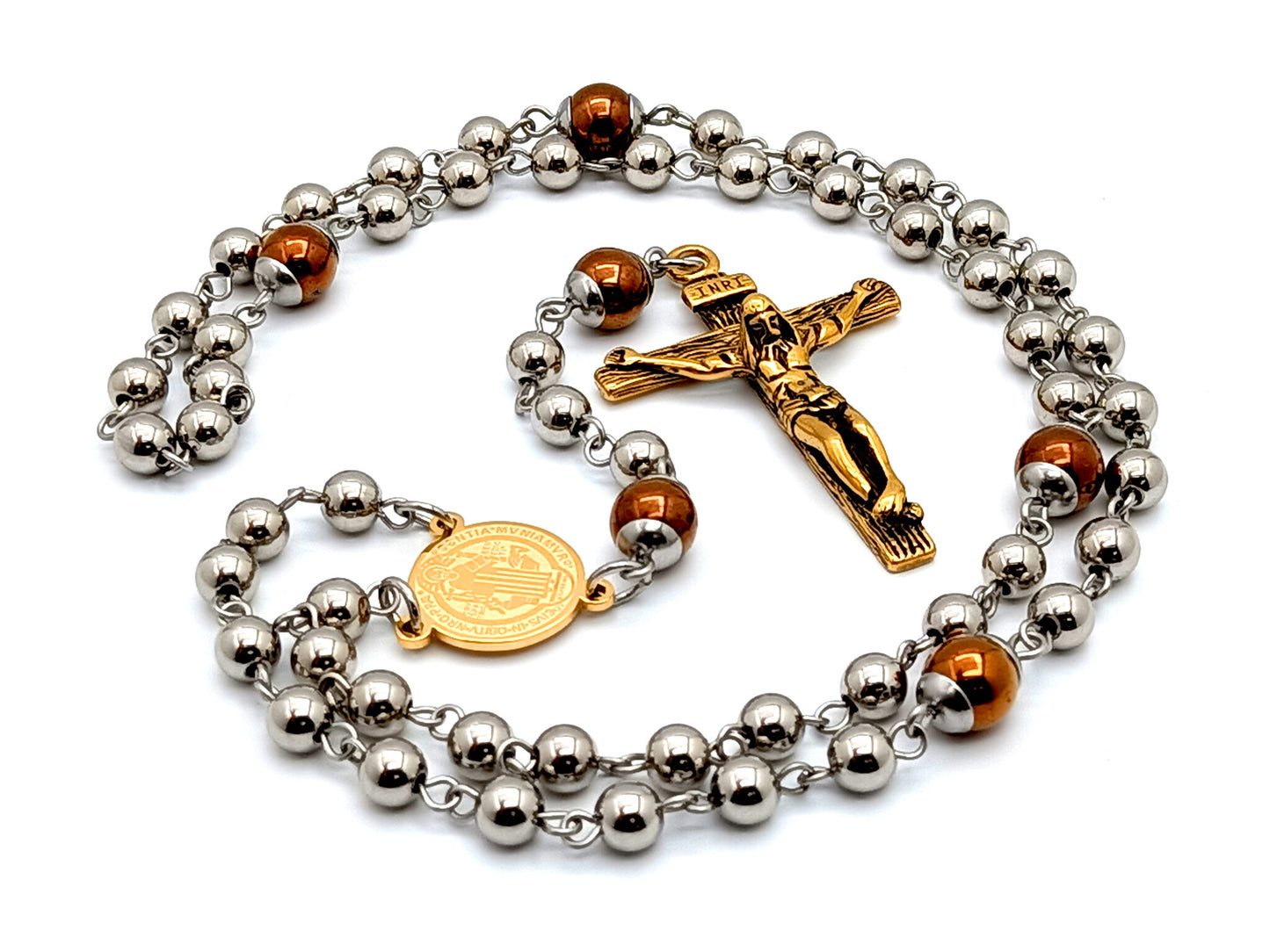 Saint Benedict unique rosary beads stainless steel and hematite gemstone rosary beads with gold plated steel crucifix and gold plated Saint Benedict medal.