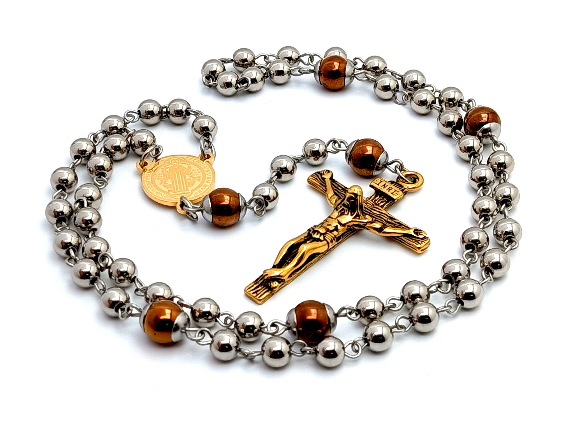 Saint Benedict unique rosary beads stainless steel and hematite gemstone rosary beads with gold plated steel crucifix and gold plated Saint Benedict medal.