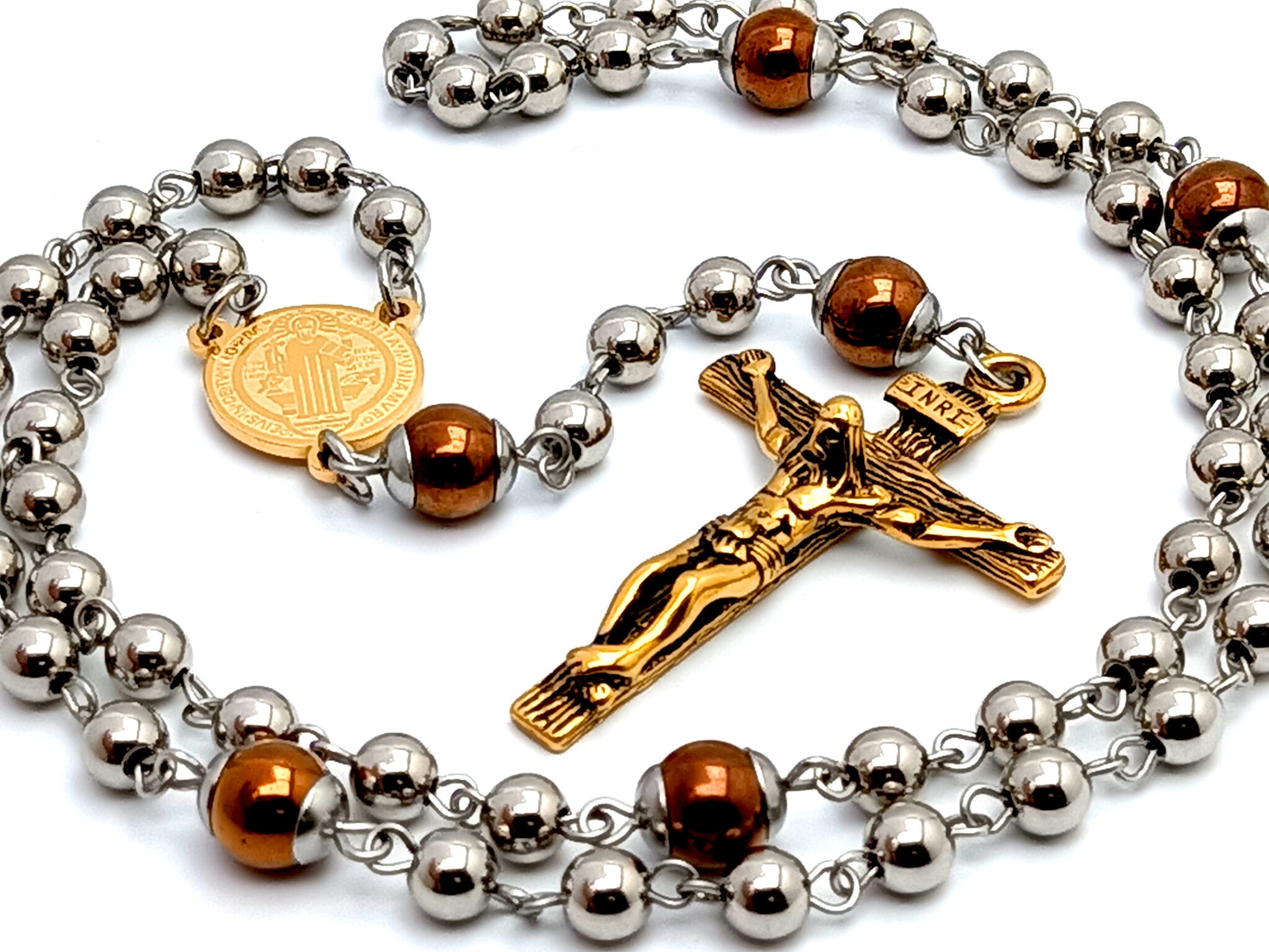 Saint Benedict unique rosary beads stainless steel and hematite gemstone rosary beads with gold plated steel crucifix and gold plated Saint Benedict medal.