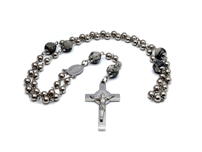 Miraculous medal stainless steel rosary beads with Saint Benedict stainless steel crucifix and jasper gemstone Our Father beads.