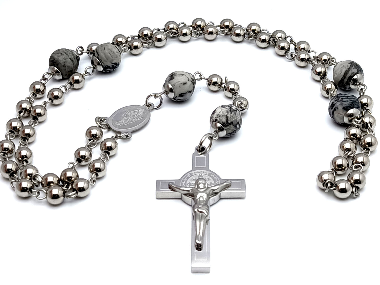 Miraculous medal stainless steel rosary beads with Saint Benedict stainless steel crucifix and jasper gemstone Our Father beads.