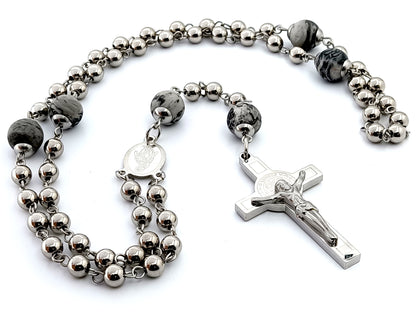 Miraculous medal stainless steel rosary beads with Saint Benedict stainless steel crucifix and jasper gemstone Our Father beads.