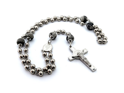 Miraculous medal stainless steel rosary beads with Saint Benedict stainless steel crucifix and jasper gemstone Our Father beads.