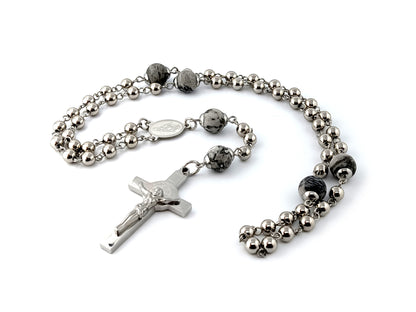 Miraculous medal stainless steel rosary beads with Saint Benedict stainless steel crucifix and jasper gemstone Our Father beads.