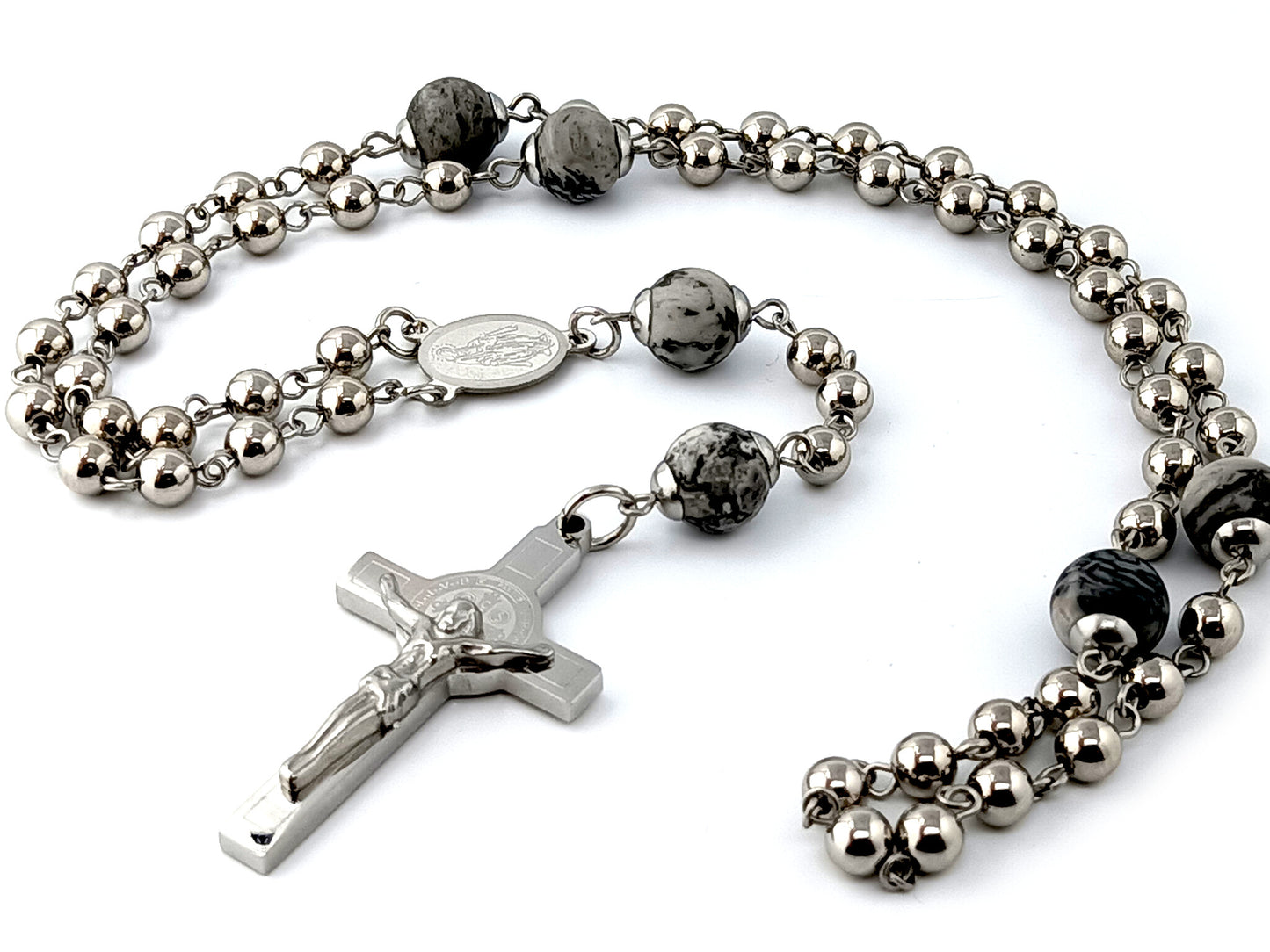 Miraculous medal stainless steel rosary beads with Saint Benedict stainless steel crucifix and jasper gemstone Our Father beads.