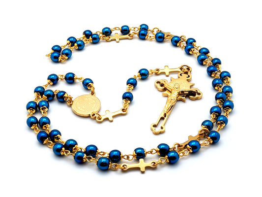 Saint Benedict unique rosary beads gold plated stainless steel and hematite gemstone rosary beads with engraved stainless steel crucifix.