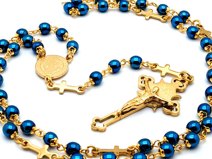 Saint Benedict unique rosary beads gold plated stainless steel and hematite gemstone rosary beads with engraved stainless steel crucifix.