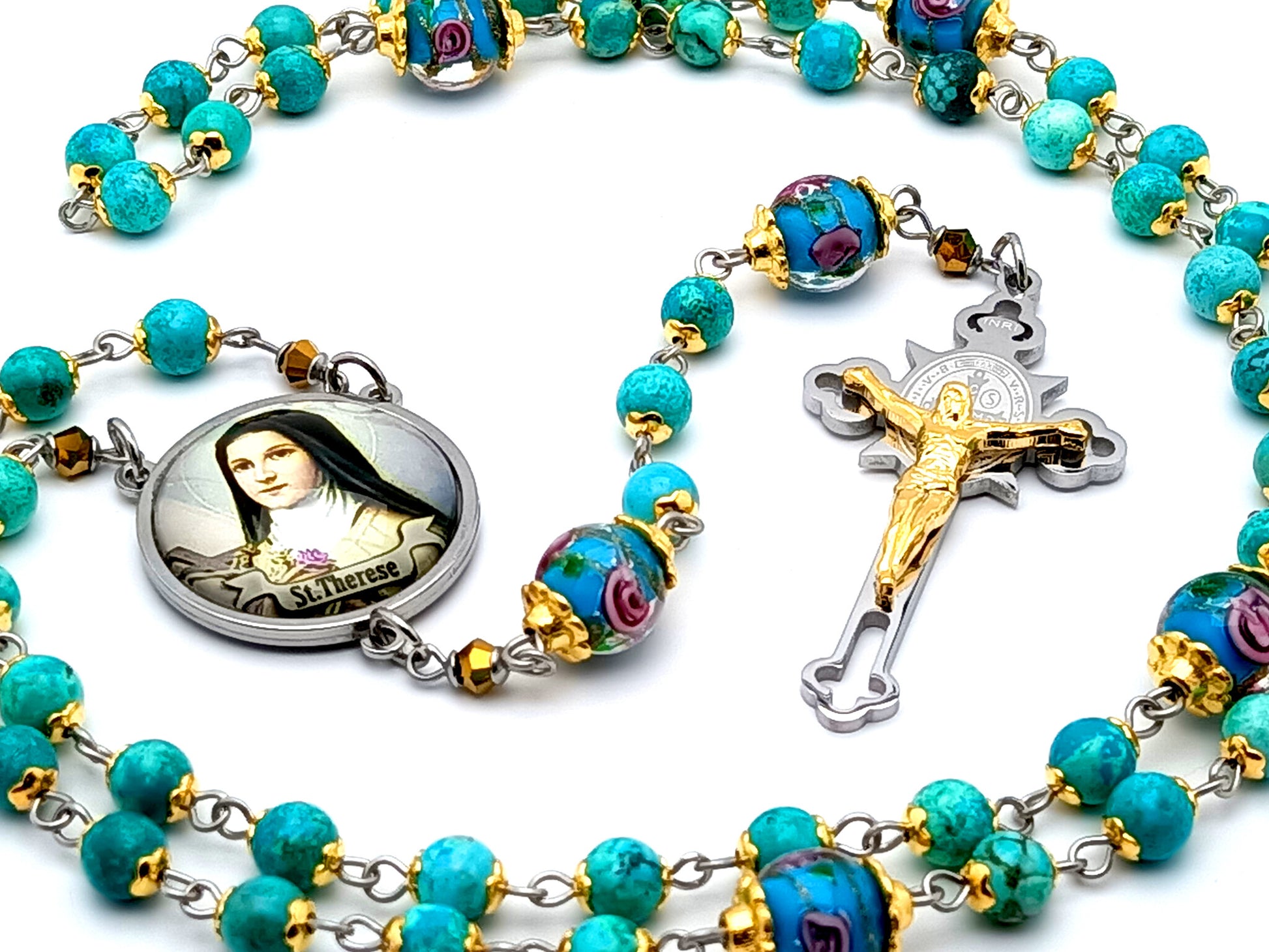 Saint Therese of Lisieux unique rosary beads turquoise and glass rosary beads with etched gold plate and stainless steel crucifix.