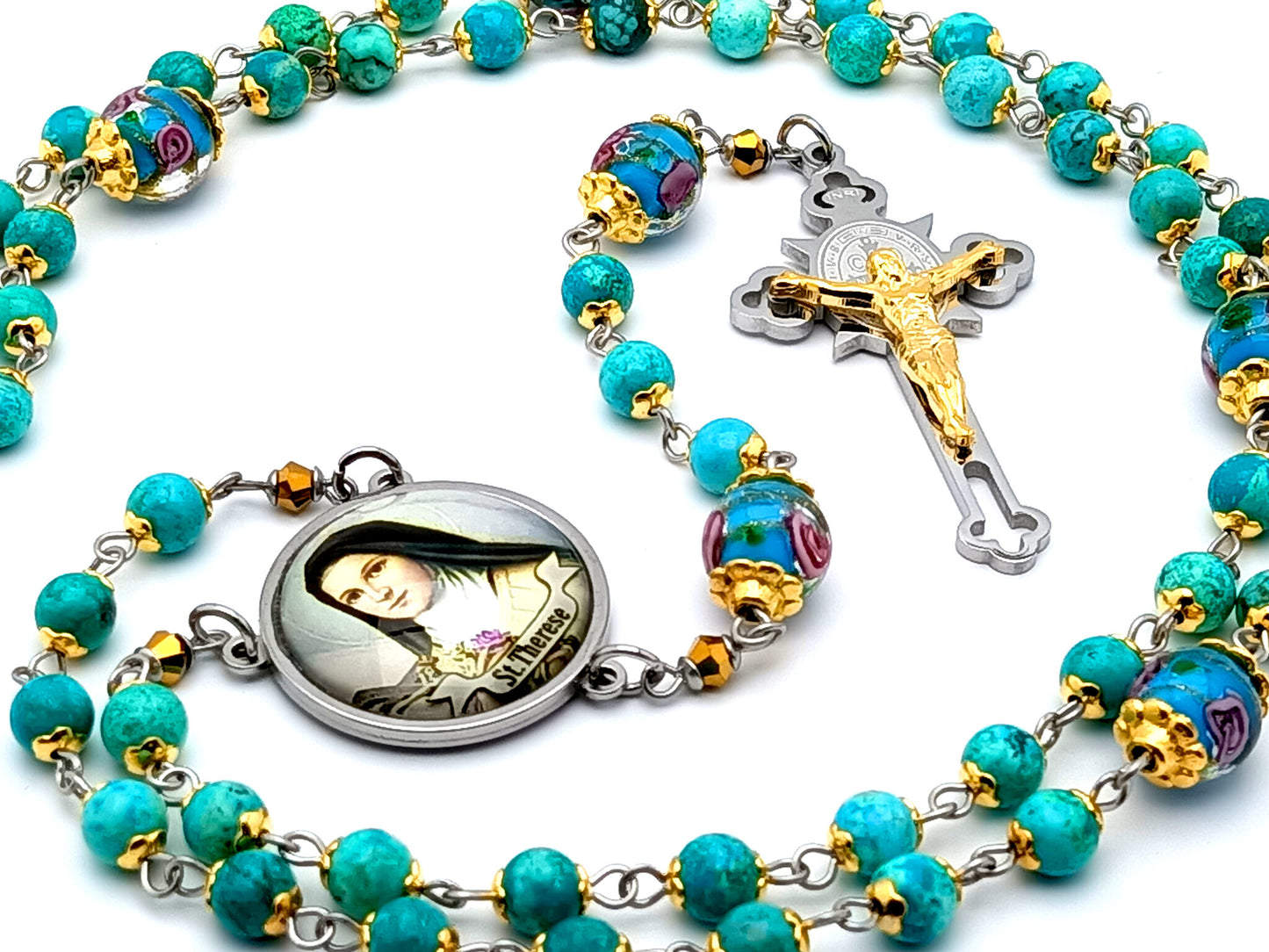 Saint Therese of Lisieux unique rosary beads turquoise and glass rosary beads with etched gold plate and stainless steel crucifix.