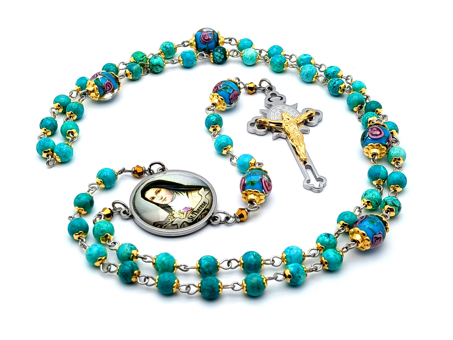 Saint Therese of Lisieux unique rosary beads turquoise and glass rosary beads with etched gold plate and stainless steel crucifix.