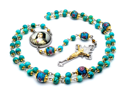 Saint Therese of Lisieux unique rosary beads turquoise and glass rosary beads with etched gold plate and stainless steel crucifix.