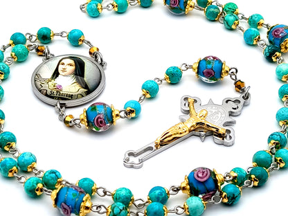 Saint Therese of Lisieux unique rosary beads turquoise and glass rosary beads with etched gold plate and stainless steel crucifix.