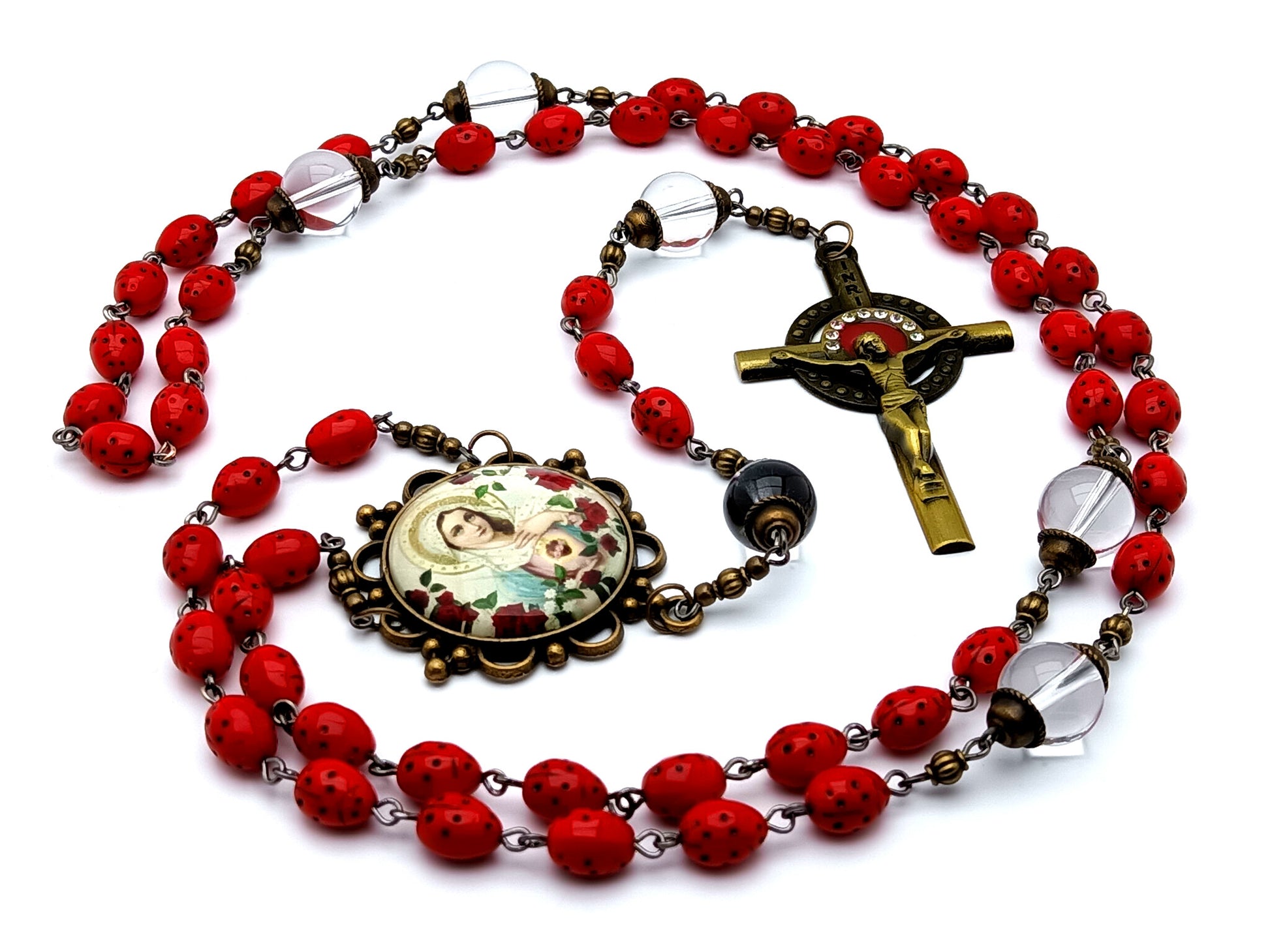 Vintage style Immaculate Heart of Mary lady bug unique rosary beads with glass ladybug beads with crystal quartz gemstone Our Father beads and brass enamel crucifix.
