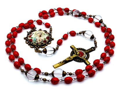 Vintage style Immaculate Heart of Mary lady bug unique rosary beads with glass ladybug beads with crystal quartz gemstone Our Father beads and brass enamel crucifix.