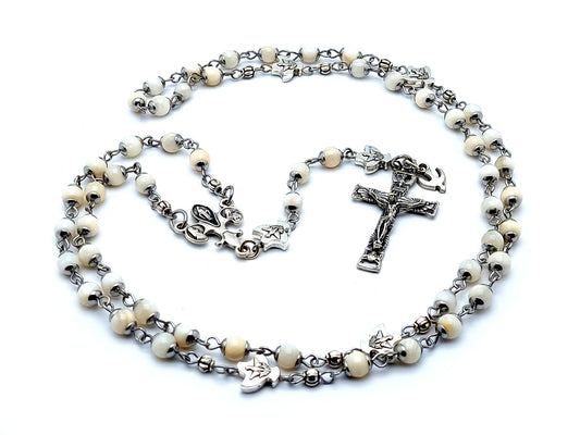 Holy Spirit unique rosary beads mother of pearl rosary beads with Holy Ghost crucifix and fleur de lis Saint Bernadette, Saint Therese Miraculous medal center.