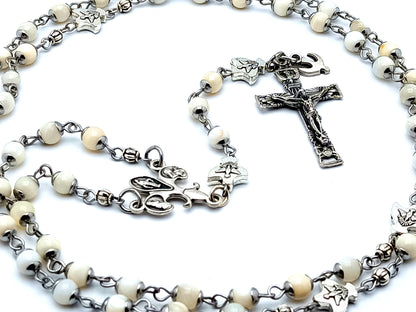 Holy Spirit unique rosary beads mother of pearl rosary beads with Holy Ghost crucifix and fleur de lis Saint Bernadette, Saint Therese Miraculous medal center.