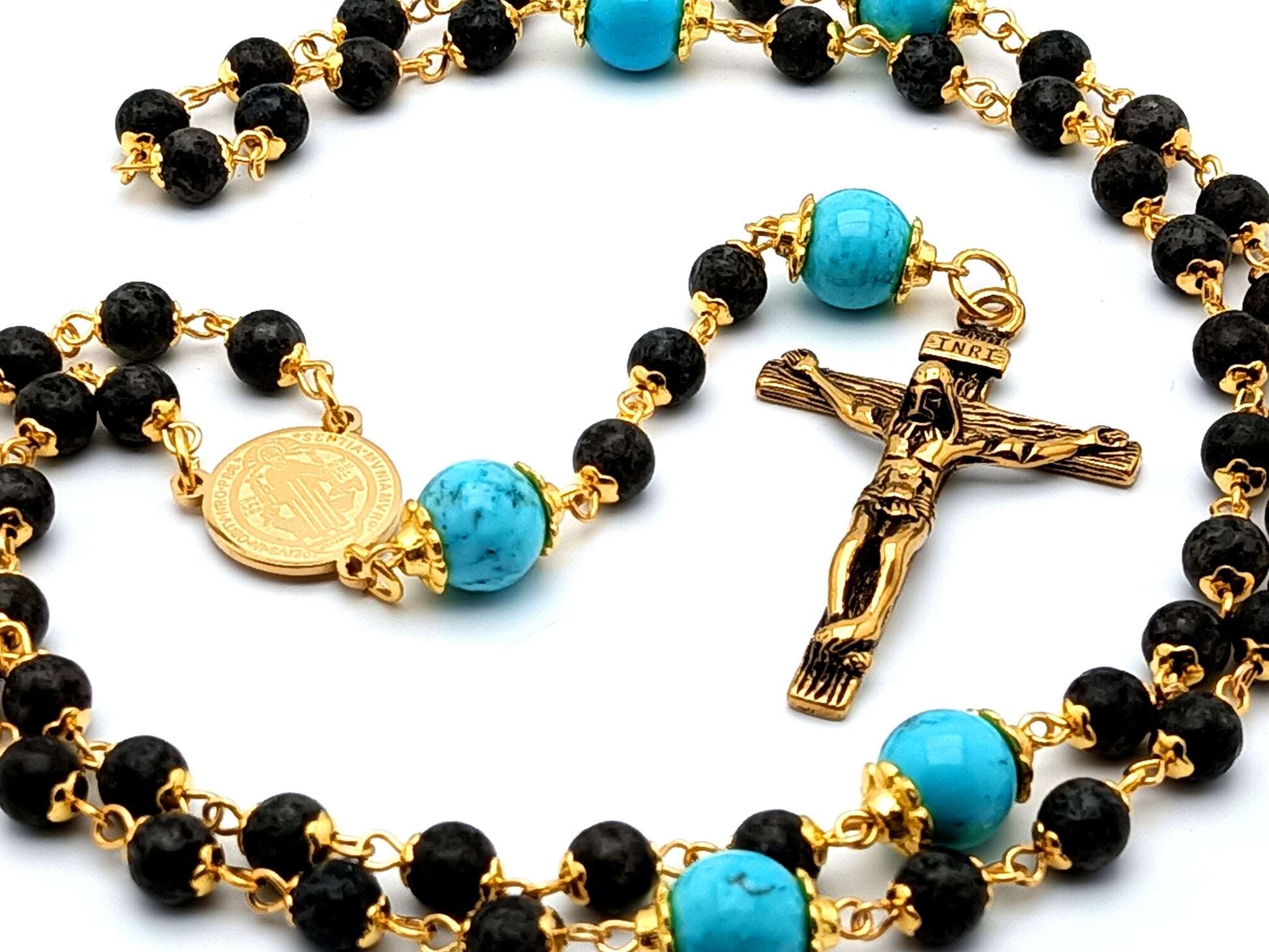 Saint Benedict unique rosary beads turquoise gemstone rosary beads with gold plated stainless steel Saint Benedict center medal and crucifix.