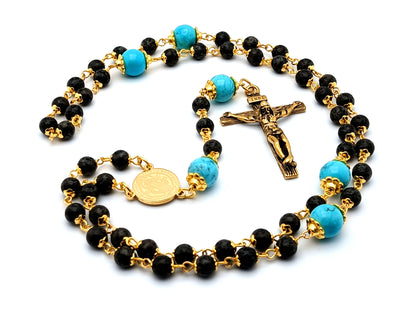 Saint Benedict unique rosary beads turquoise gemstone rosary beads with gold plated stainless steel Saint Benedict center medal and crucifix.