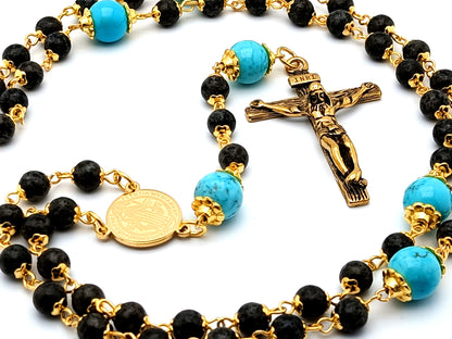 Saint Benedict unique rosary beads turquoise gemstone rosary beads with gold plated stainless steel Saint Benedict center medal and crucifix.