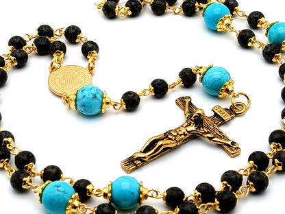 Saint Benedict unique rosary beads turquoise gemstone rosary beads with gold plated stainless steel Saint Benedict center medal and crucifix.