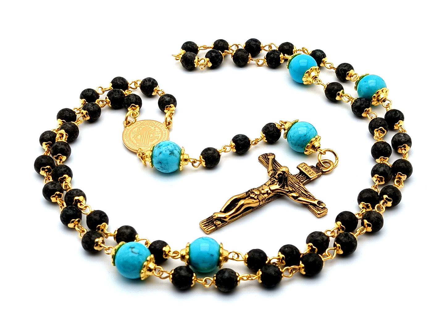 Saint Benedict unique rosary beads turquoise gemstone rosary beads with gold plated stainless steel Saint Benedict center medal and crucifix.