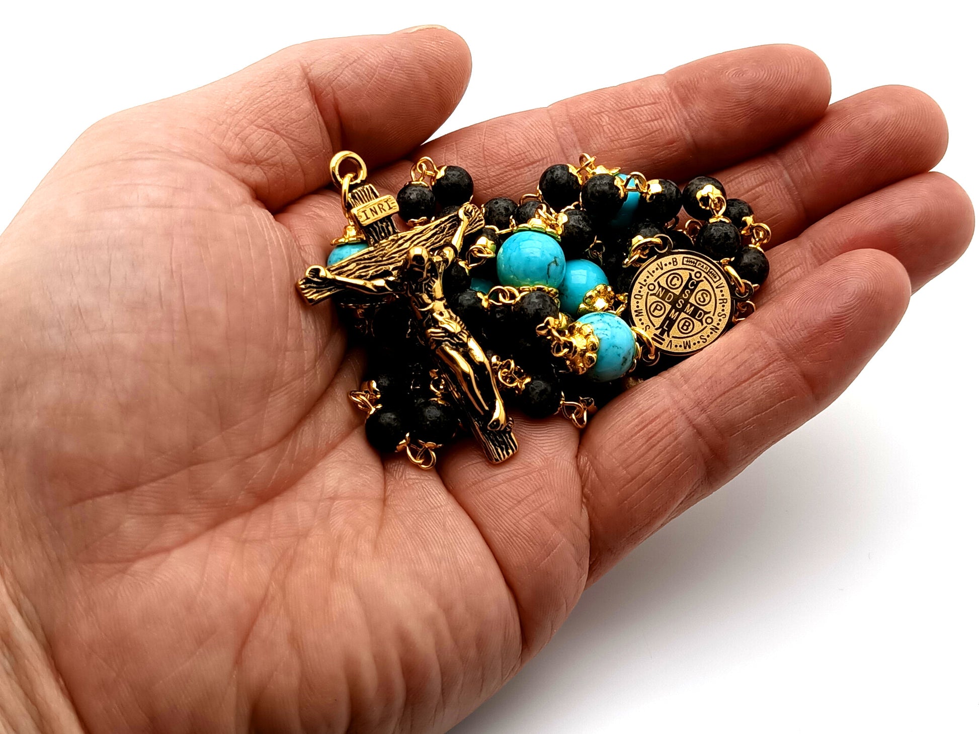 Saint Benedict unique rosary beads turquoise gemstone rosary beads with gold plated stainless steel Saint Benedict center medal and crucifix.