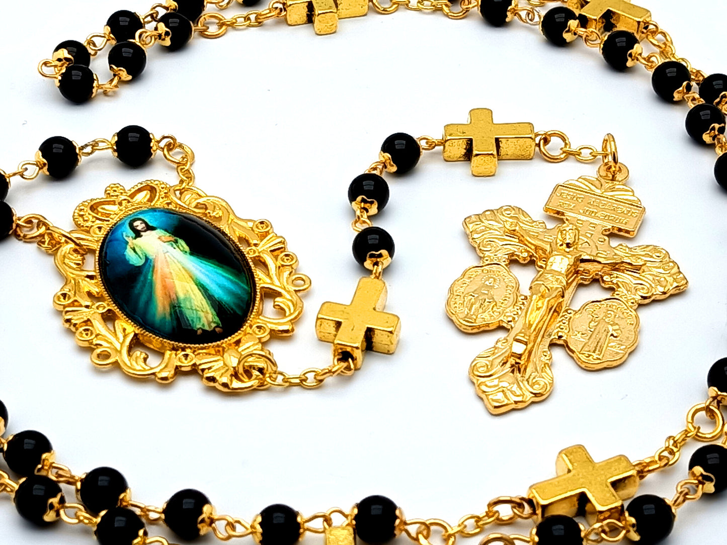 Divine Mercy unique rosary beads with onyx gemstone and gold plated beads and Miraculous medal pardon crucifix.