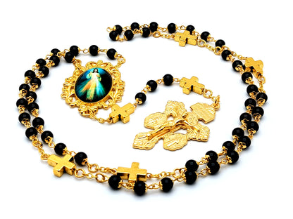 Divine Mercy unique rosary beads with onyx gemstone and gold plated beads and Miraculous medal pardon crucifix.