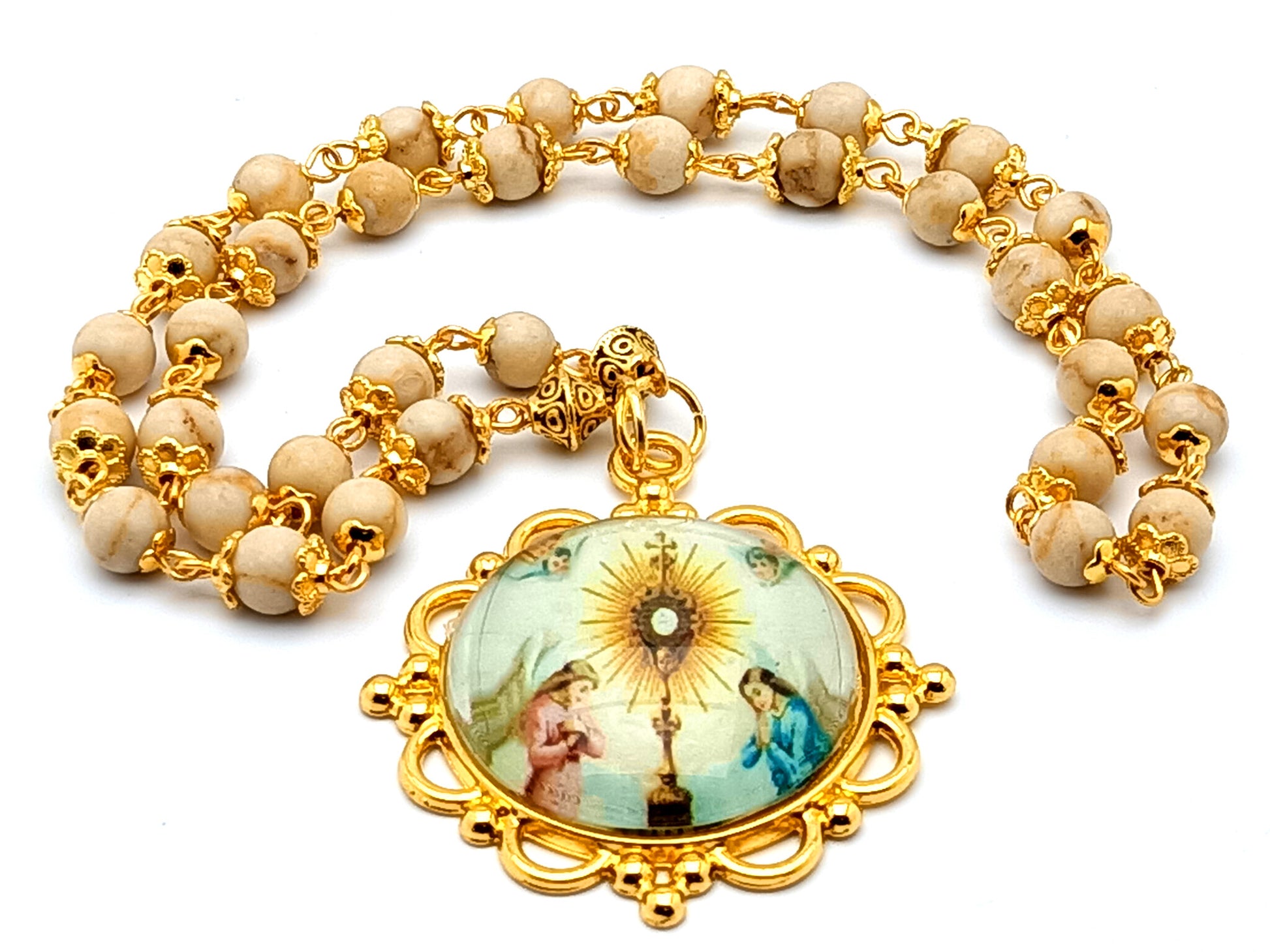 Blessed Sacrament unique rosary beads gemstone prayer chaplet with large domed Angel adoring the Blessed Sacrament domed picture medal.