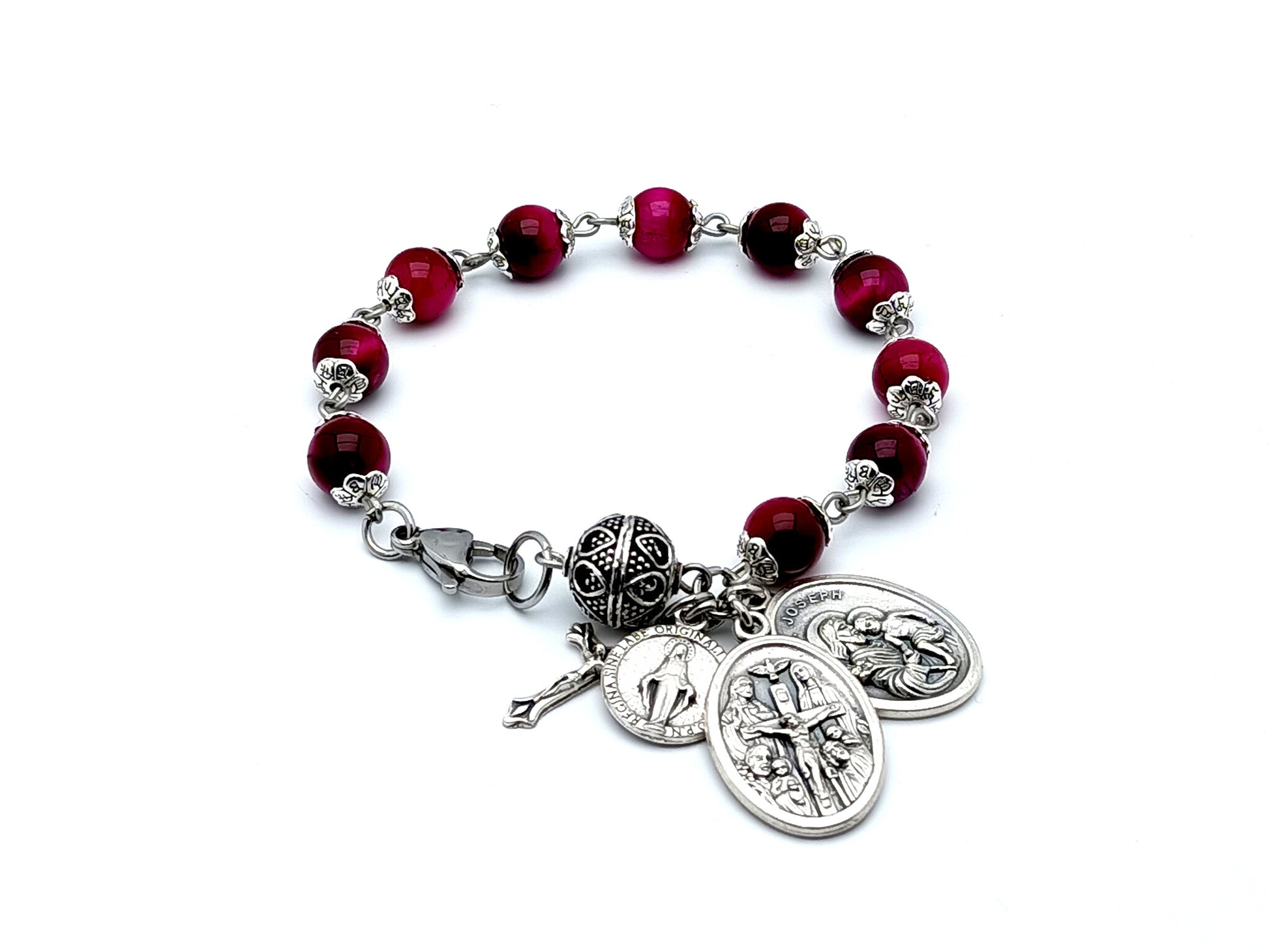 Pink tigers eye gemstone unique rosary beads single decade rosary bracelet with I am a Catholic medal.