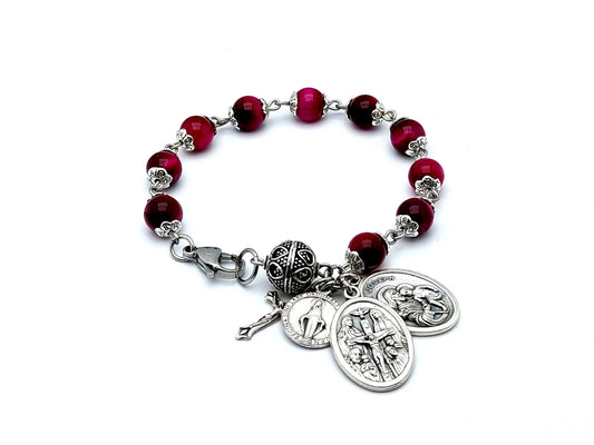 Pink tigers eye gemstone unique rosary beads single decade rosary bracelet with I am a Catholic medal.