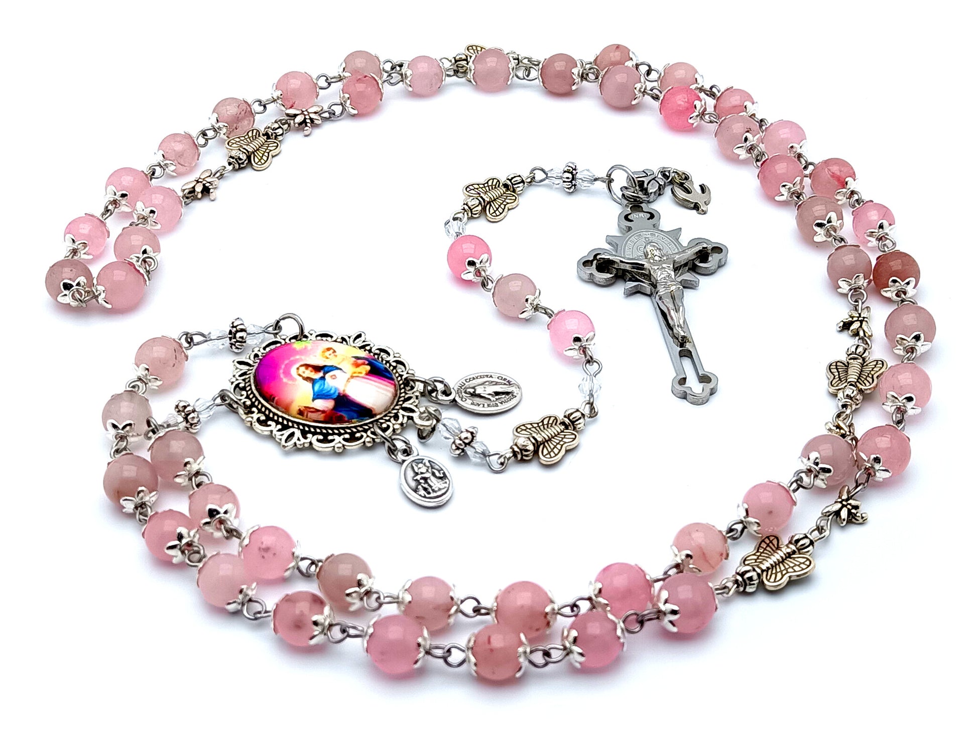 Our Lady of the Rosary unique rosary beads first Holy Communion rosary with rose quartz gemstone and butterfly Tibetan silver beads and Saint Benedict crucifix.