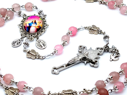 Our Lady of the Rosary unique rosary beads first Holy Communion rosary with rose quartz gemstone and butterfly Tibetan silver beads and Saint Benedict crucifix.