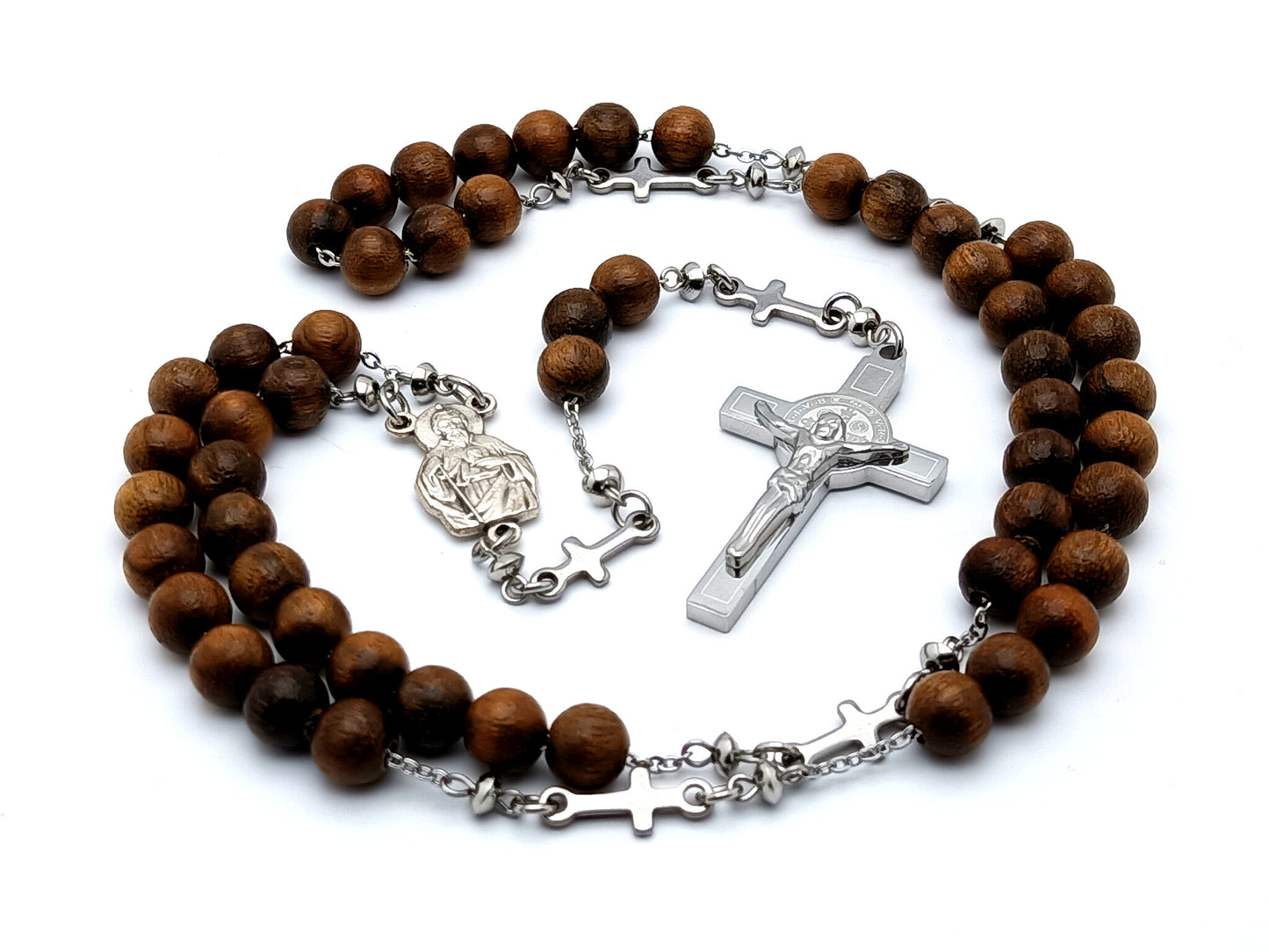 Saint Jude olive wood and stainless steel rosary beads with Saint Benedict stainless steel crucifix and cross linking medals.