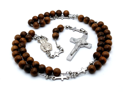 Saint Jude olive wood and stainless steel rosary beads with Saint Benedict stainless steel crucifix and cross linking medals.