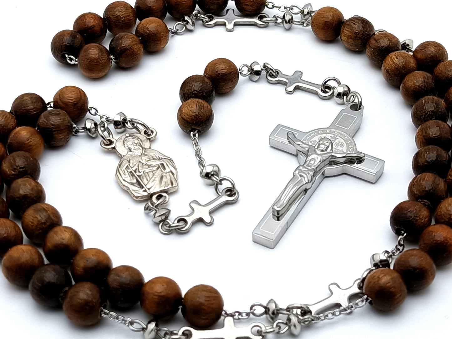 Saint Jude olive wood and stainless steel rosary beads with Saint Benedict stainless steel crucifix and cross linking medals.