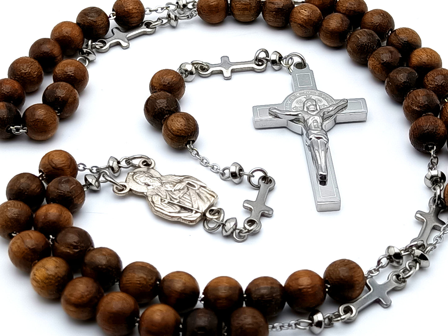 Saint Jude olive wood and stainless steel rosary beads with Saint Benedict stainless steel crucifix and cross linking medals.