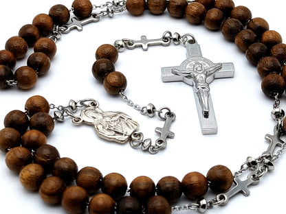 Saint Jude olive wood and stainless steel rosary beads with Saint Benedict stainless steel crucifix and cross linking medals.