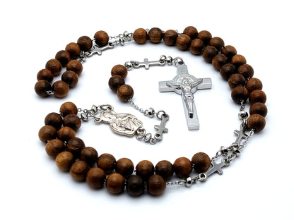 Saint Jude olive wood and stainless steel rosary beads with Saint Benedict stainless steel crucifix and cross linking medals.