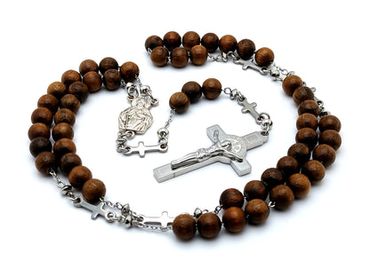 Saint Jude olive wood and stainless steel rosary beads with Saint Benedict stainless steel crucifix and cross linking medals.