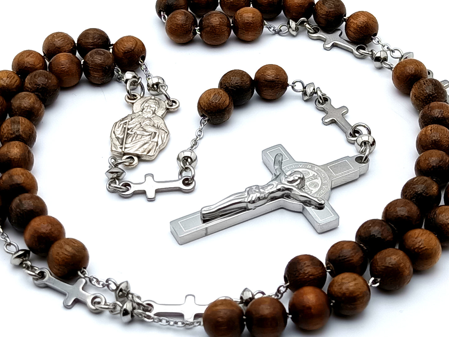 Saint Jude olive wood and stainless steel rosary beads with Saint Benedict stainless steel crucifix and cross linking medals.