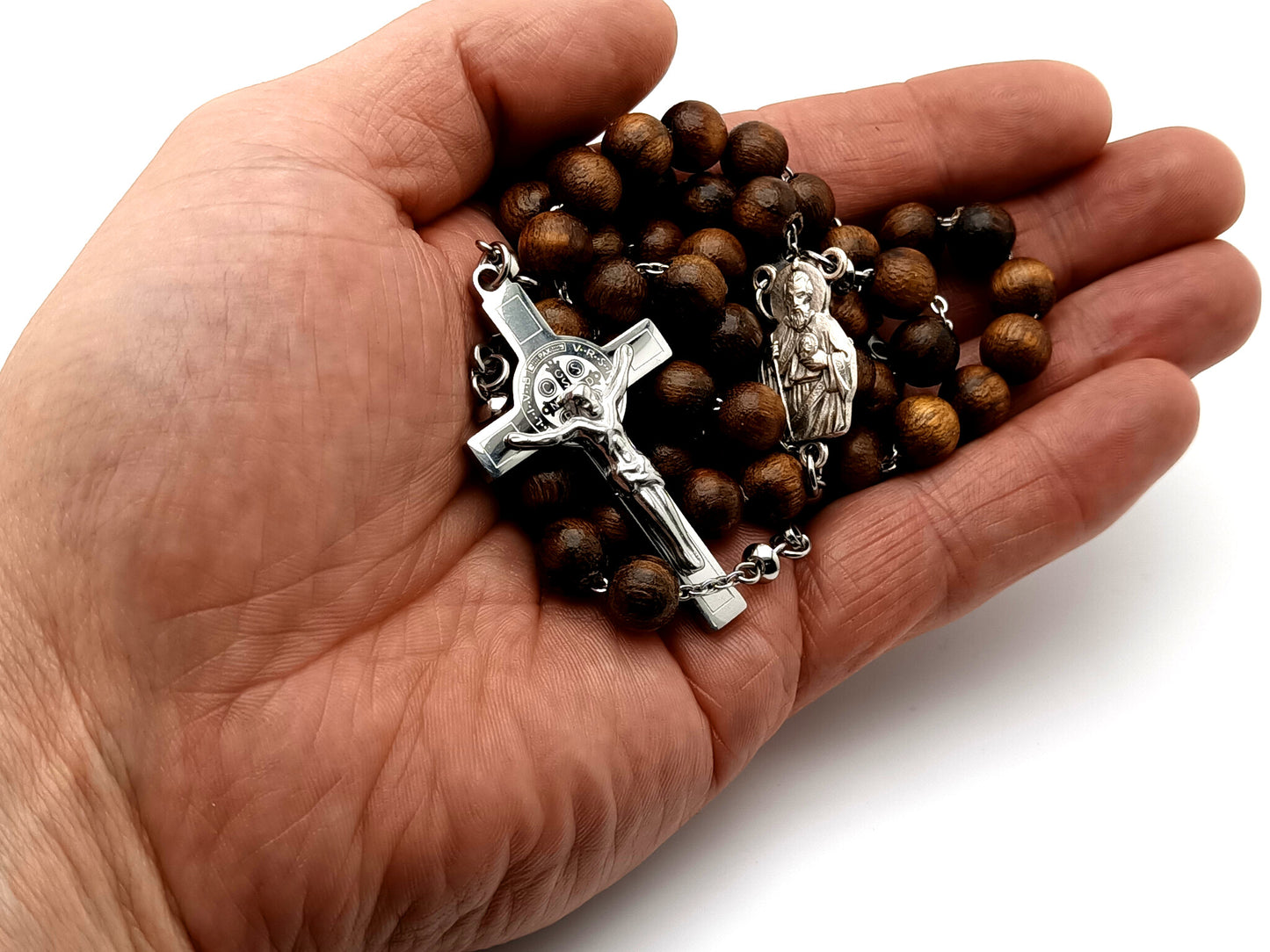 Saint Jude olive wood and stainless steel rosary beads with Saint Benedict stainless steel crucifix and cross linking medals.