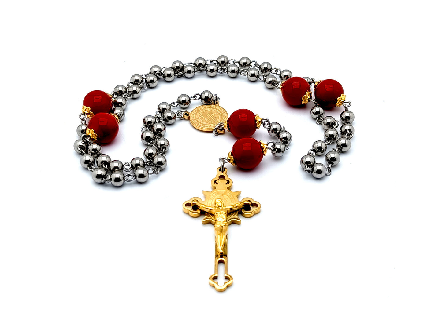 Saint Benedict stainless steel and jasper gemstone rosary beads with gold plated stainless steel crucifix and center medal.