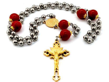 Saint Benedict stainless steel and jasper gemstone rosary beads with gold plated stainless steel crucifix and center medal.